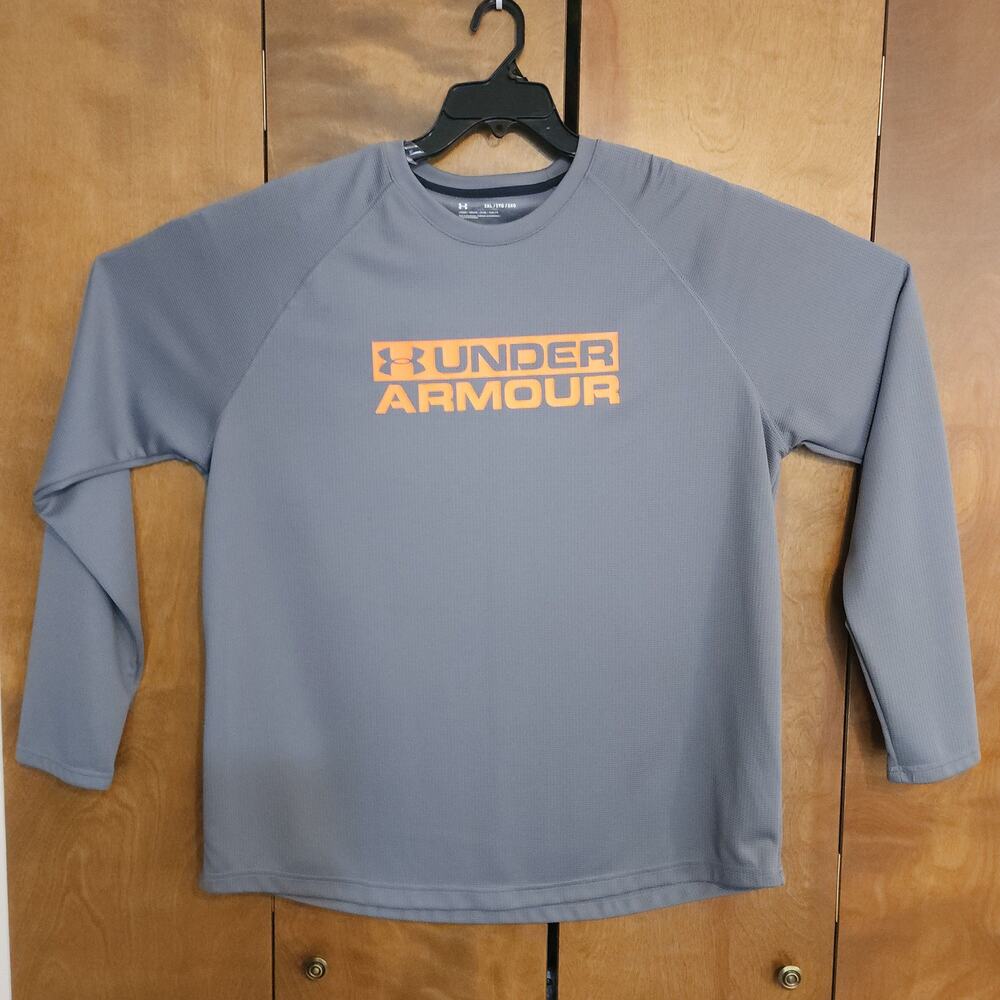 Under Armour Long Sleeve T Shirt Men's 2XL Loose Fit Gray‎ Orange Logo Athletic